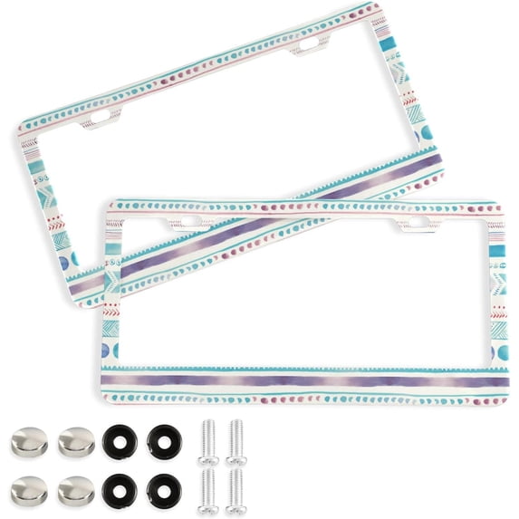 GZHJMY Watercolor Boho Ethnic Dot & Stripe License Plate Frames for Women Men 2 pcs Personalized Car License Plate Holder with Screw Caps, Elliptical Hole Decorative