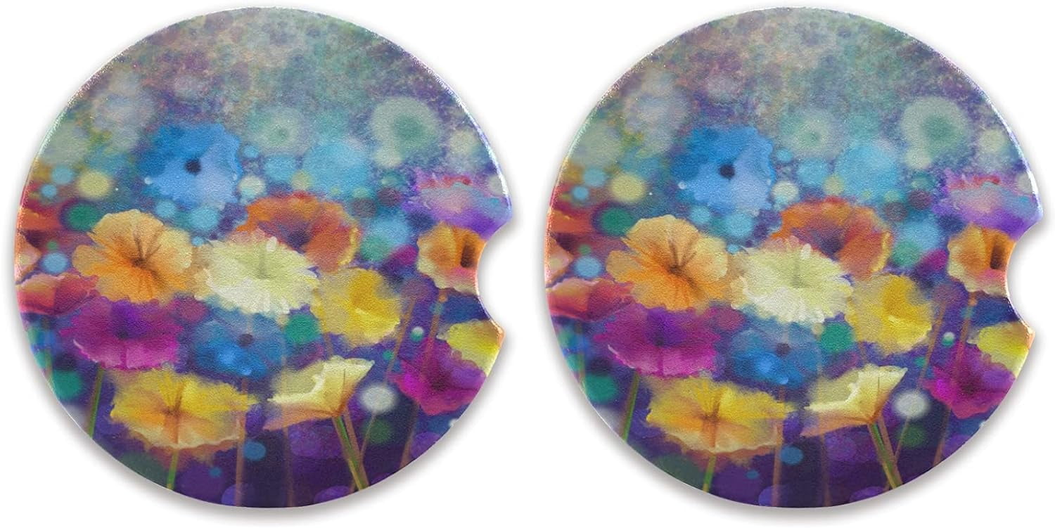 GZHJMY Watercolor Flower Car Coasters 2 Pieces, Absorbent Ceramic Cork ...