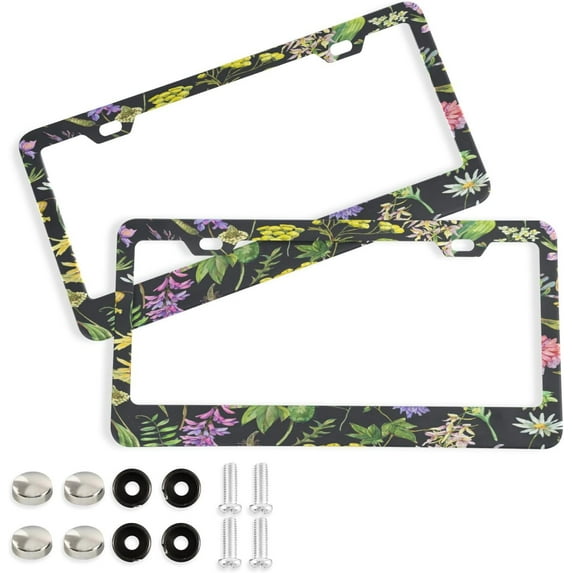 GZHJMY Watercolor Flowers License Plate Frame 2 Pack 2 Holes Car Aluminum License Plate Holder Automotive Parts Decoration Universal with Screw Caps Cover