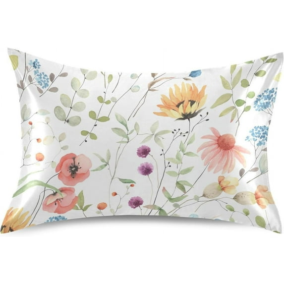 GZHJMY Watercolor Flowers Satin Pillowcase for Hair and Skin, Soft and Cozy Cooling Smooth Pillow Cover with Envelop Closure, Queen Size 20x30in Home Decor
