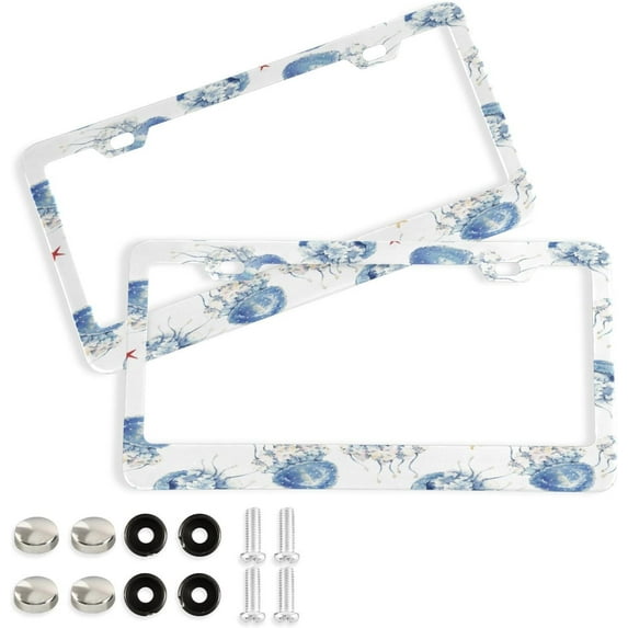 GZHJMY Watercolor Jellyfish License Plate Frame 2 Pack 2 Holes Car Aluminum License Plate Holder Automotive Parts Decoration Universal with Screw Caps Cover