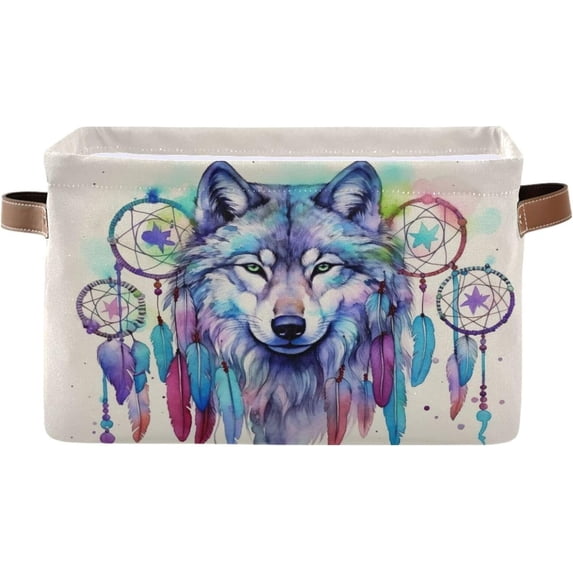 GZHJMY Watercolor Wolf Head Storage Bins Foldable Canvas Fabric Storage Basket with Handles for Organizing, Large Storage Baskets for Shelves Closet Collapsible Organizer
