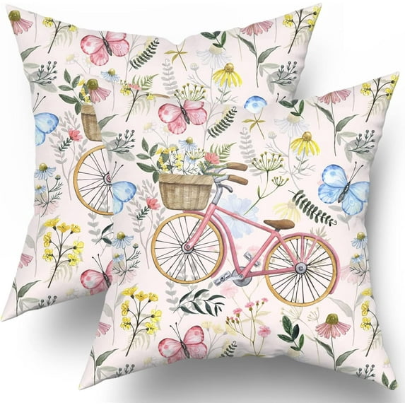 GZHJMY Welcome Summer Bicycle Flower Basket Pillow Cases Cushion Cover Pink Bike with Beautiful Flower Butterfly Decorative Cotton Throw Pillow Covers Farmhouse Decoration for Sofa Bed Home Outdoor