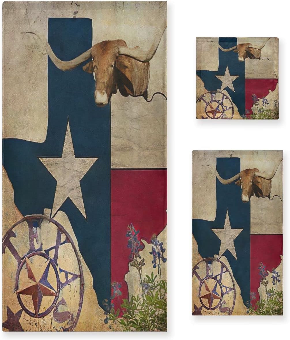 GZHJMY Western Bath Towels Set Rustic Texas Star Map Longhorn Bull 3