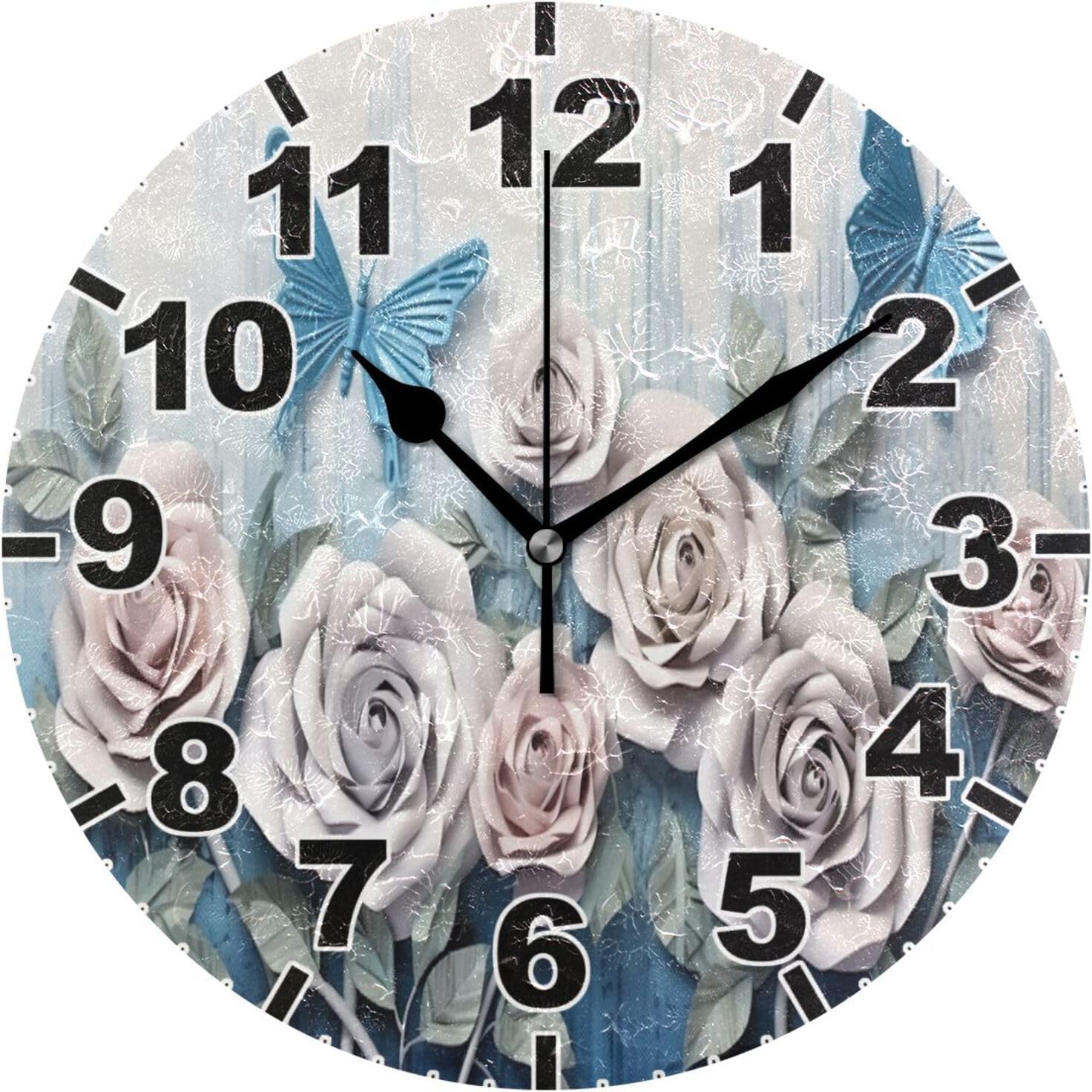 GZHJMY White Blue Roses Round Wall Clock, Battery Operated Silent Non ...