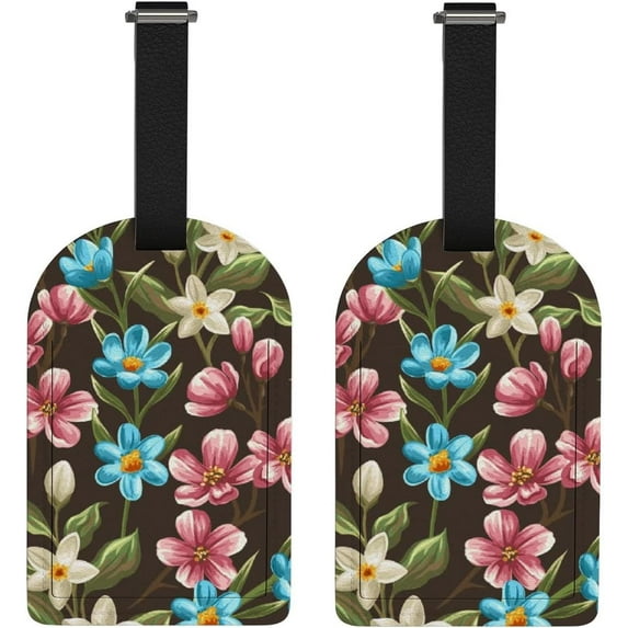 GZHJMY White Pink Blue Flowers Seamless Luggage Tags Set of 2, PU Leather Travel ID Label with Privacy Name Card Cover for Travel Bag Suitcase Decoration