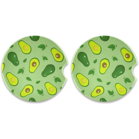 GZHJMY Whole and Cut Avocado Car Coasters 2 Pieces, Absorbent Ceramic Cork Base Car Coasters, Drink Cup Holder Coasters, with Finger Notches, Easy to Remove and Clean