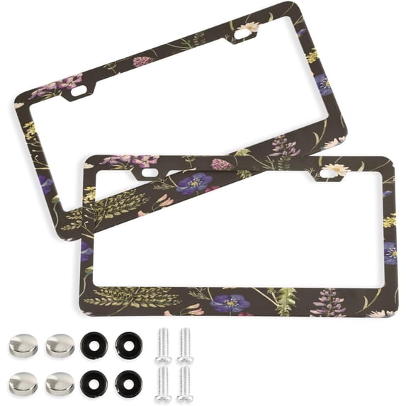 GZHJMY Wildflowers License Plate Frame 2 Pack 2 Holes Car Aluminum License Plate Holder Automotive Parts Decoration Universal with Screw Caps Cover