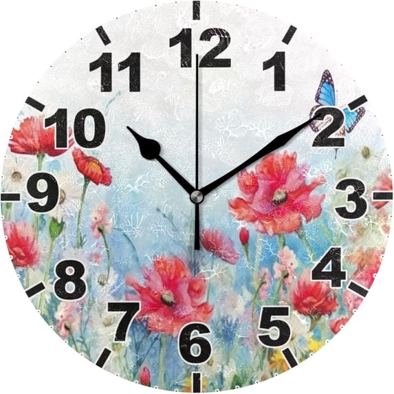 GZHJMY Wildflowers Round PVC Wall Clock, Battery Operated Silent Non Ticking Desk Clock for Home Bedroom Kitchen Office School Decor Wall Clock 9.9 Inch