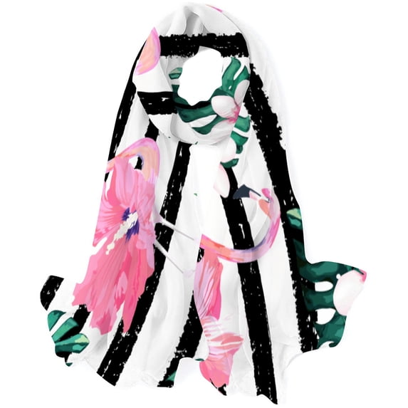 GZHJMY Women Girls Long Silk Scarf, Black and White Striped Flamingo Summer Lightweight Shawl, Outdoor Floral Large Wrap 71X35 Inch