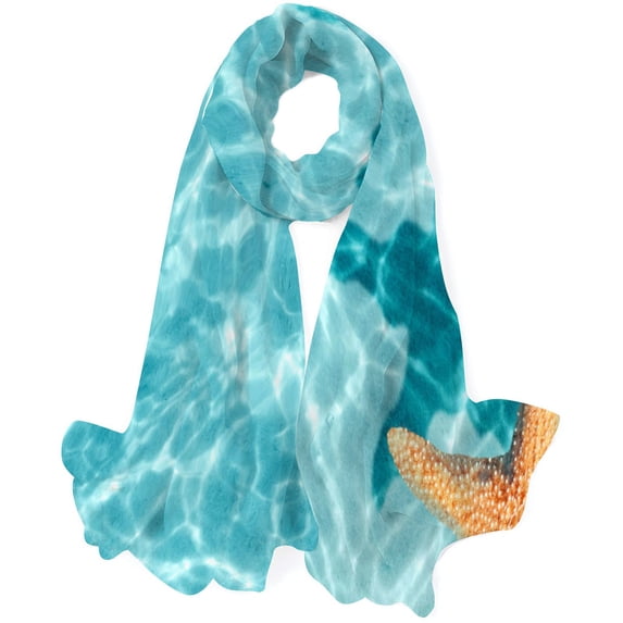 GZHJMY Women Girls Long Silk Scarf, Blue Ocean Starfish Summer Lightweight Shawl, Outdoor Floral Large Wrap 71X35 Inch