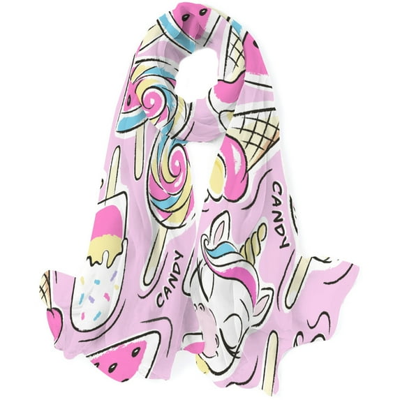 GZHJMY Women Girls Long Silk Scarf, Cute Pink Watermelon Unicorn Ice Cream Summer Lightweight Shawl, Outdoor Floral Large Wrap 71X35 Inch