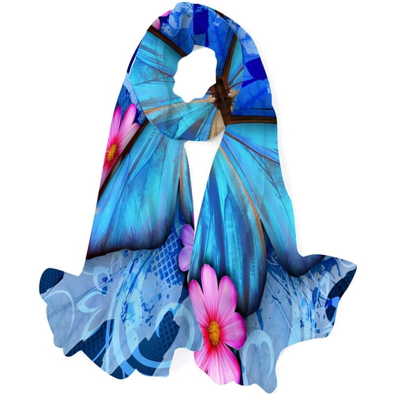 GZHJMY Women Girls Long Silk Scarf, Dreamy Blue Butterfly and Flower Summer Lightweight Shawl, Outdoor Floral Large Wrap 71X35 Inch