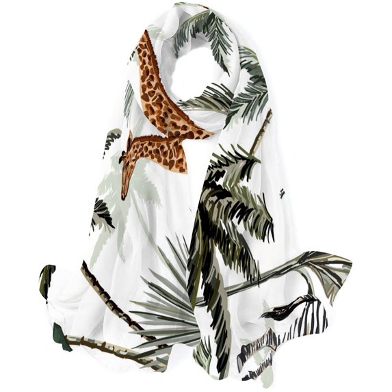GZHJMY Women Girls Long Silk Scarf, Tropical Style Plants and Giraffes Summer Lightweight Shawl, Outdoor Floral Large Wrap 71X35 Inch