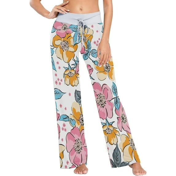 GZHJMY Women's Pajama Pants Mixed Flowers Print Comfy Stretch Sleepwear Womens Wide Leg Pants Casual Loose Yoga Sweatpants Comfy Lounge Pajama, X-Large