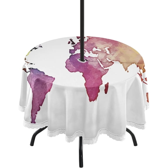 GZHJMY World Map Watercolor Outdoor Round Tablecloth Polyester Circular Table Cloth Water Resistant Spill Proof Large Table Cover for Dining Kitchen Party 60inch