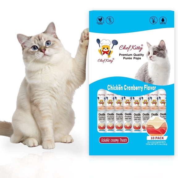 Chef Kitty Lickable Cat Treats, Creamy Puree Squeeze Up Tubes, Chicken Cranberry Wet Cat Treats, 10 Count
