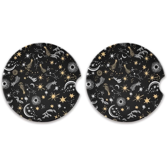 GZHJMY Yellow Stars and White Moon Car Coasters 2 Pack Drinks Absorbent Ceramic Stone Car Coasters with Fingertip Grip Car Cup Holder Coasters Cup Coasters