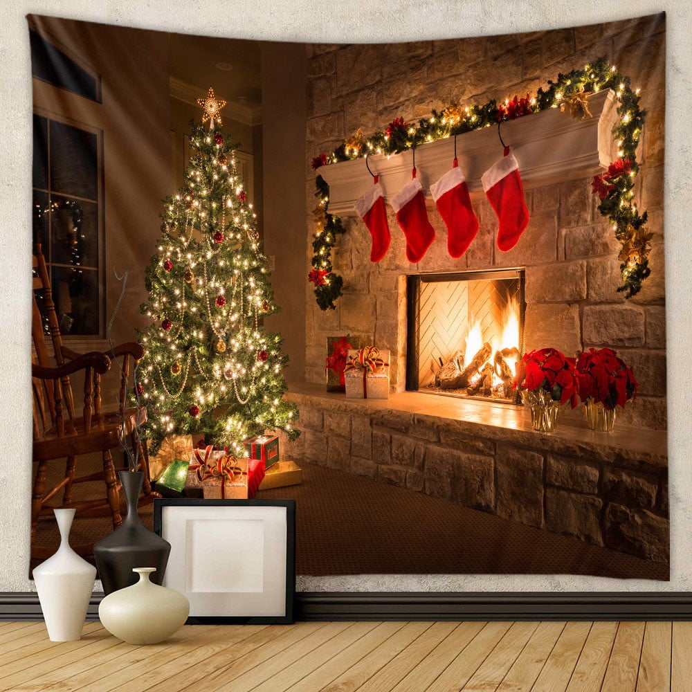 GZJCKJY Christmas Tapestry Fireplace Xmas Wall Hanging Flannel Thickened Blanket for Party Living Room Bedroom Decor