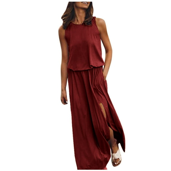GZJCKJY Summer Dresses for Women,Summer Dress For Women Sleeveless Round Neck Maxi Dresses Solid Color Fork Opening Dress Wine S