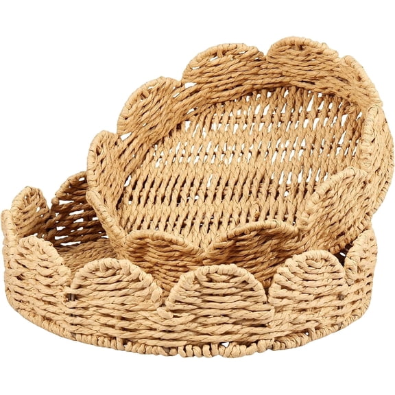 GZLOM 2Pcs Woven Scalloped Basket Set, Handwoven Paper Rope Serving Tray with Decorative Scallop Edge, Storage Tray for Keys, Remotes, Counter Organizer, Home Decor (Two Sizes Included)