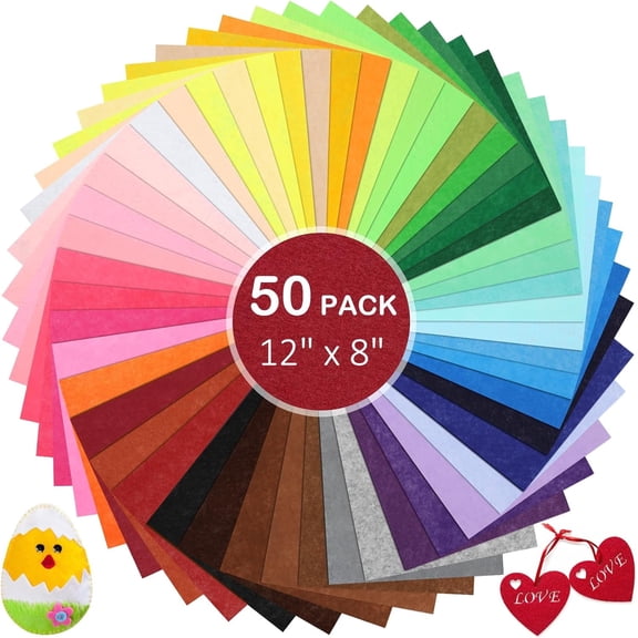 GZLOM 50 Pack Thin Felt Fabric Sheets, 8x12 Inches Assorted Colors Stiff Felt Sheets for Crafts, DIY Patchwork, Sewing Projects, Home Decor, School Supplies