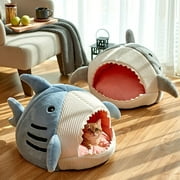 GZLY Shark Shaped Semi-Enclosed Dog Bed Anti-Anxiety, Self-Warming, Comfortable Soft Plush Round Pet Bed, Ideal for Family and Travel Cat House Blue M