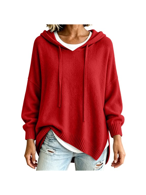 Women's Lightweight Hooded Knit Sweater, Drawstring Long Sleeve Relaxed Pullover with Ribbed Cuffs and Hem