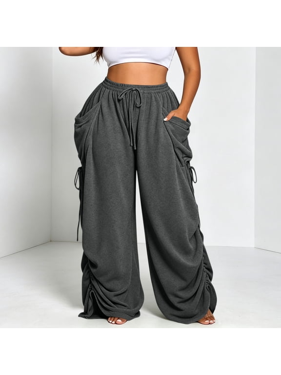 Women's Plus Size Harem Pants, High Waisted Drawstring Pants with Oversized Pockets and Ruched Sides