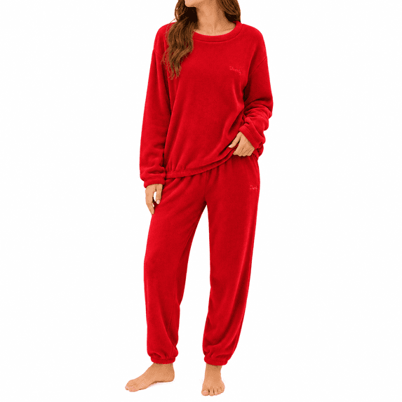 GZMOALH Women's Plush Fleece 2 Piece Pajama Set with Crew Neck Long Sleeve Top and Elastic Waist Jogger Pants
