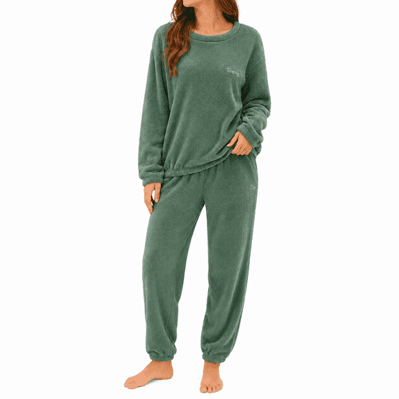 GZMOALH Women's Plush Fleece 2 Piece Pajama Set with Crew Neck Long Sleeve Top and Elastic Waist Jogger Pants