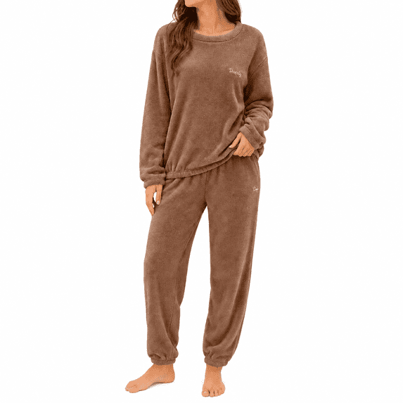 GZMOALH Women's Plush Fleece 2 Piece Pajama Set with Crew Neck Long Sleeve Top and Elastic Waist Jogger Pants