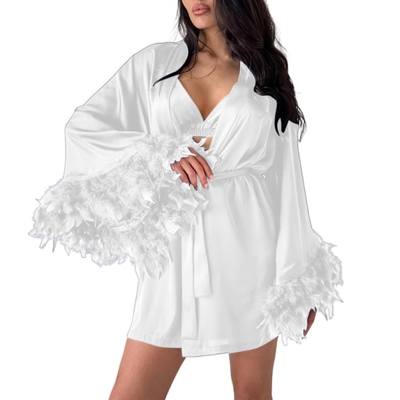 GZMOALH Women's Satin 3 Piece Pajama Set with Feather Trim Robe, Bralette Top and Matching Shorts