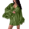 thumbnail image 1 of GZMOALH Women's Satin 3 Piece Pajama Set with Feather Trim Robe, Bralette Top and Matching Shorts, 1 of 9
