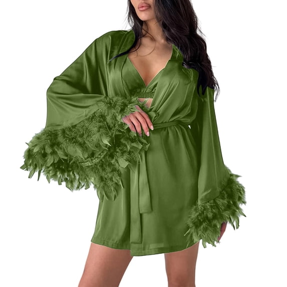 GZMOALH Women's Satin 3 Piece Pajama Set with Feather Trim Robe, Bralette Top and Matching Shorts