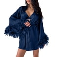 thumbnail image 1 of GZMOALH Women's Satin 3 Piece Pajama Set with Feather Trim Robe, Bralette Top and Matching Shorts, 1 of 9