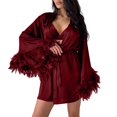 thumbnail image 1 of GZMOALH Women's Satin 3 Piece Pajama Set with Feather Trim Robe, Bralette Top and Matching Shorts, 1 of 9