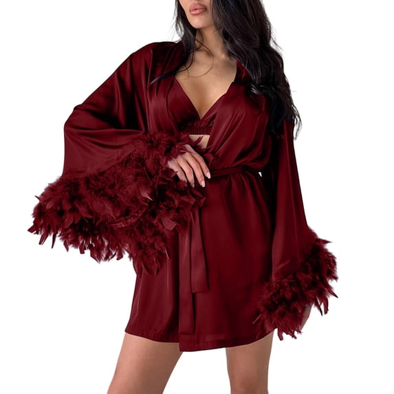 GZMOALH Women's Satin 3 Piece Pajama Set with Feather Trim Robe, Bralette Top and Matching Shorts