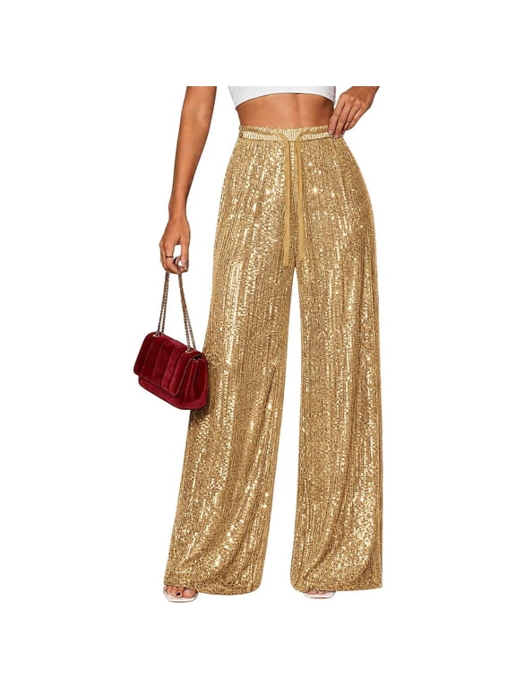 Women's Sequin Wide Leg Pants, Drawstring Elastic Waist Party Pants with Side Pockets