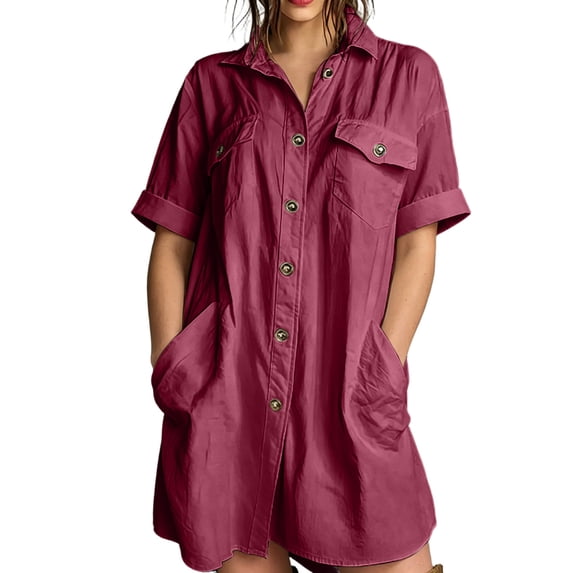 GZMOALH Women's Short Sleeve Utility Shirt Dress with Point Collar, Button Front and Large Pockets