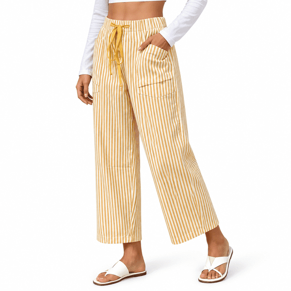GZMOALH Women's Striped Print Elastic Waist Drawstring Wide Leg Pants with Pockets Casual Loose Fit Long Pants