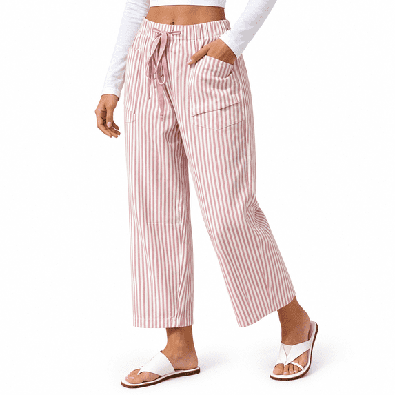 GZMOALH Women's Striped Print Elastic Waist Drawstring Wide Leg Pants with Pockets Casual Loose Fit Long Pants