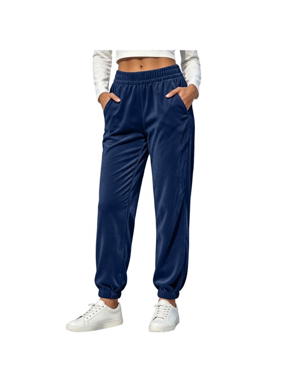 Women's Velour Jogger Pants with Pockets, Elastic Waist Loose Fit Cuffed Sweatpants for Lounge, Travel and Casual Everyday Wear