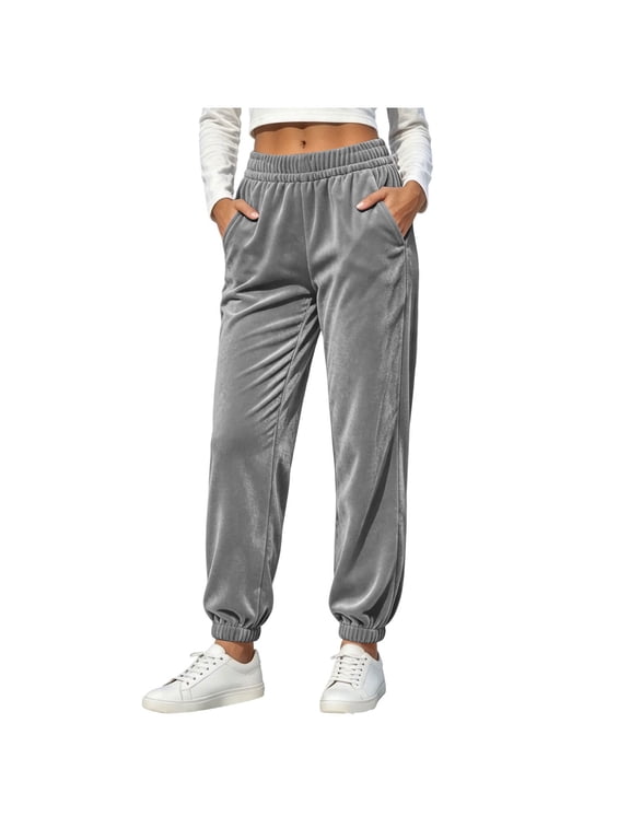 Women's Velour Jogger Pants with Pockets, Elastic Waist Loose Fit Cuffed Sweatpants for Lounge, Travel and Casual Everyday Wear