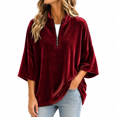 thumbnail image 1 of GZMOALH Women's Velvet Quarter Zip Top, Mock Neck 3/4 Sleeve Loose Fit Casual Pullover Sweatshirt, 1 of 5