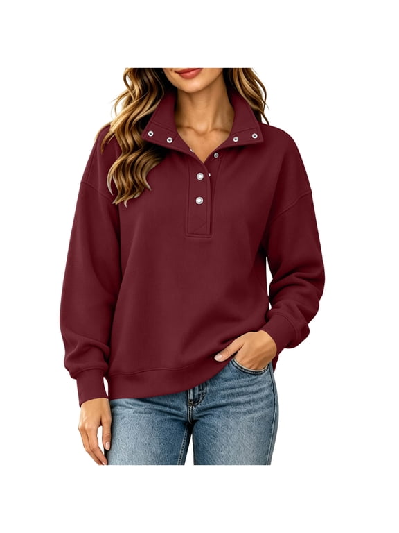 Women's Waffle Knit Henley Pullover Stand Collar Snap Button Long Sleeve Sweatshirt