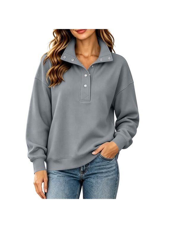 Women's Waffle Knit Henley Pullover Stand Collar Snap Button Long Sleeve Sweatshirt
