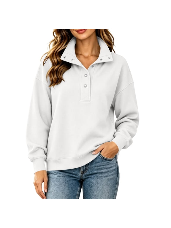 Women's Waffle Knit Henley Pullover Stand Collar Snap Button Long Sleeve Sweatshirt