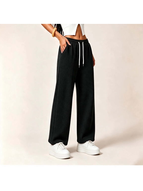 Women's Waffle Knit Wide Leg Pants, Drawstring Elastic Waist Lounge Trousers with Pockets for Travel and Casual Wear