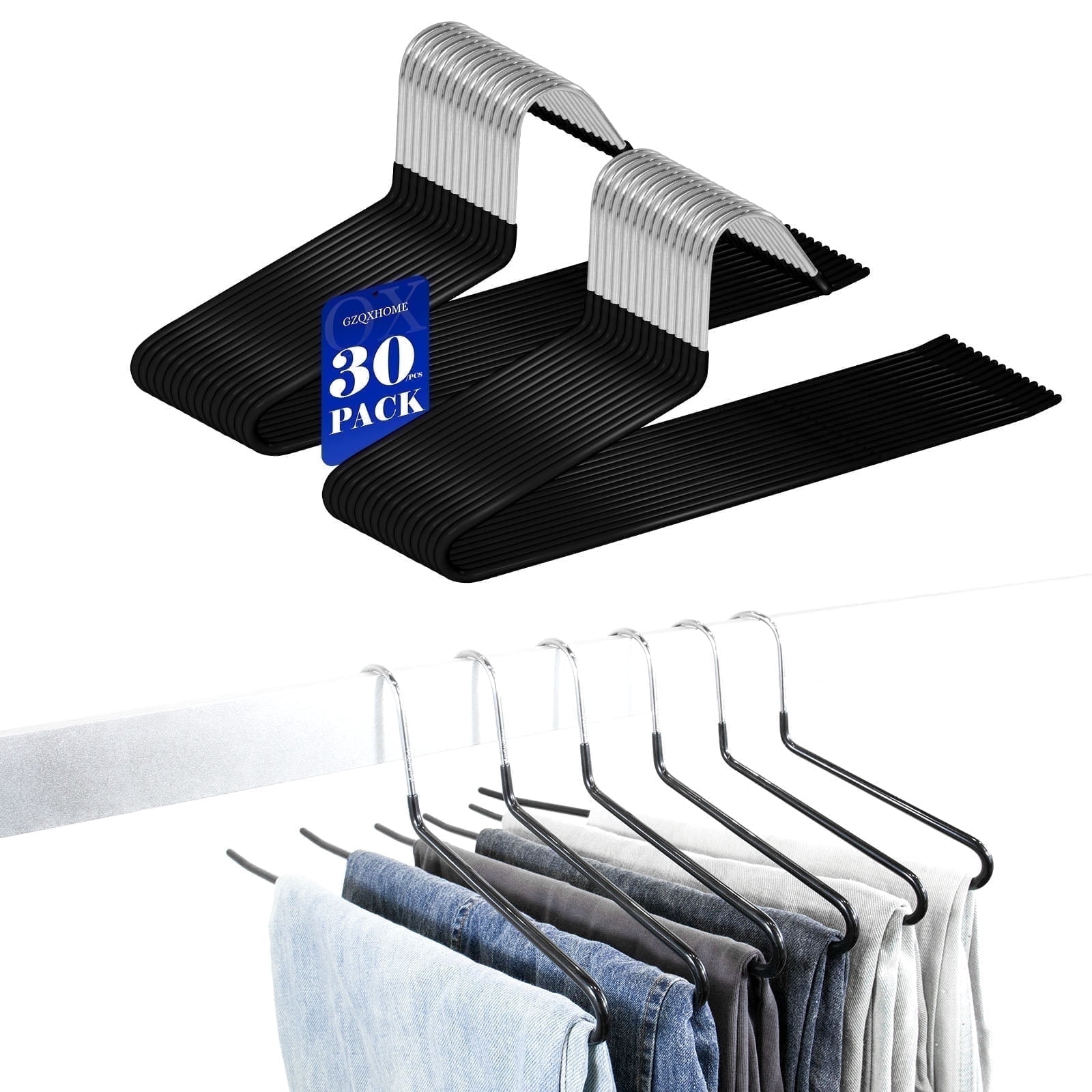 GZQXHOME Non‑Slip Metal Pants Hanger, 30 Pack Space‑Saving Heavy Duty Black Closet Organizer for Trouser Jeans Blanket Storage